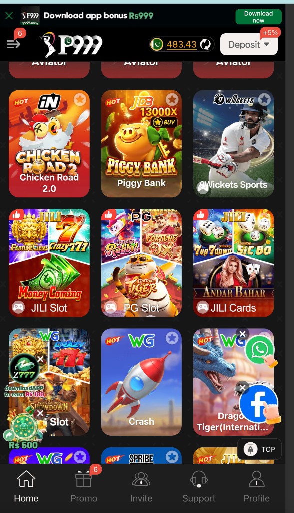 Home lobby tiles for Aviator, Chicken Road 2, Piggy Bank, Wickets Sports, slots, cards, Crash, Dragon Tiger, plus wallet and Deposit