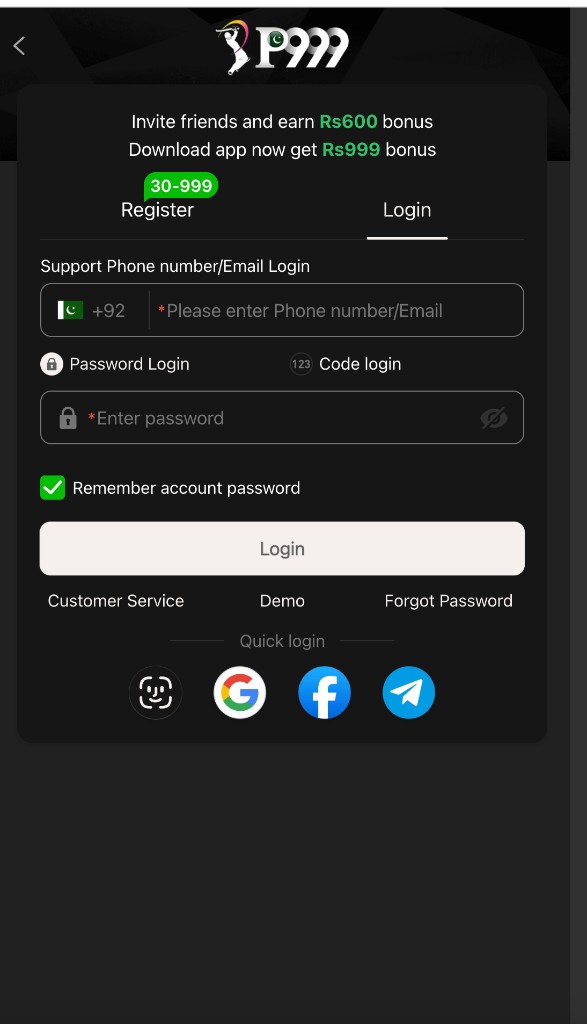 Login tab with Pakistan +92 phone or email, password or code fields, Remember account password, and Google Facebook Telegram quick login