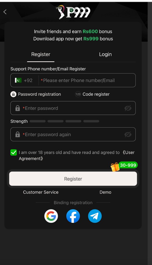 Register tab with Pakistan +92 phone or email, password strength meter, 18 plus User Agreement, and Google Facebook Telegram binding