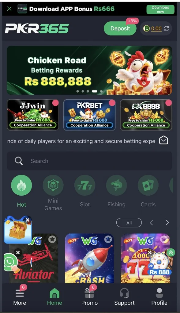Home lobby with Hot, Mini Games, Slot, Fishing, and Cards tabs