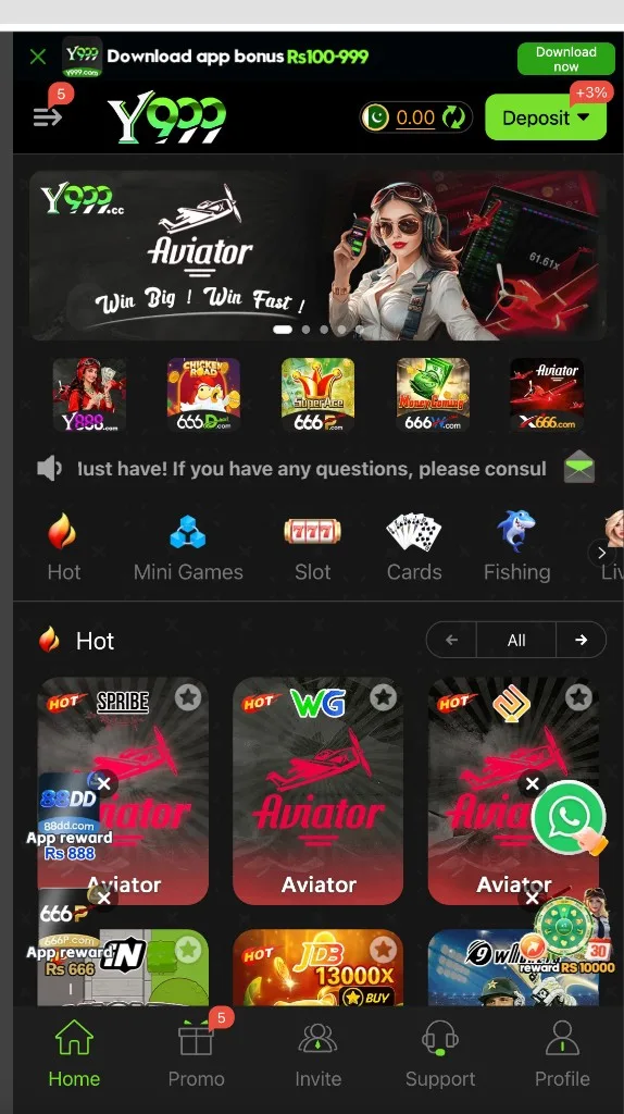 Home lobby with Aviator banner, Hot Mini Games Slot Cards Fishing tabs, and Deposit