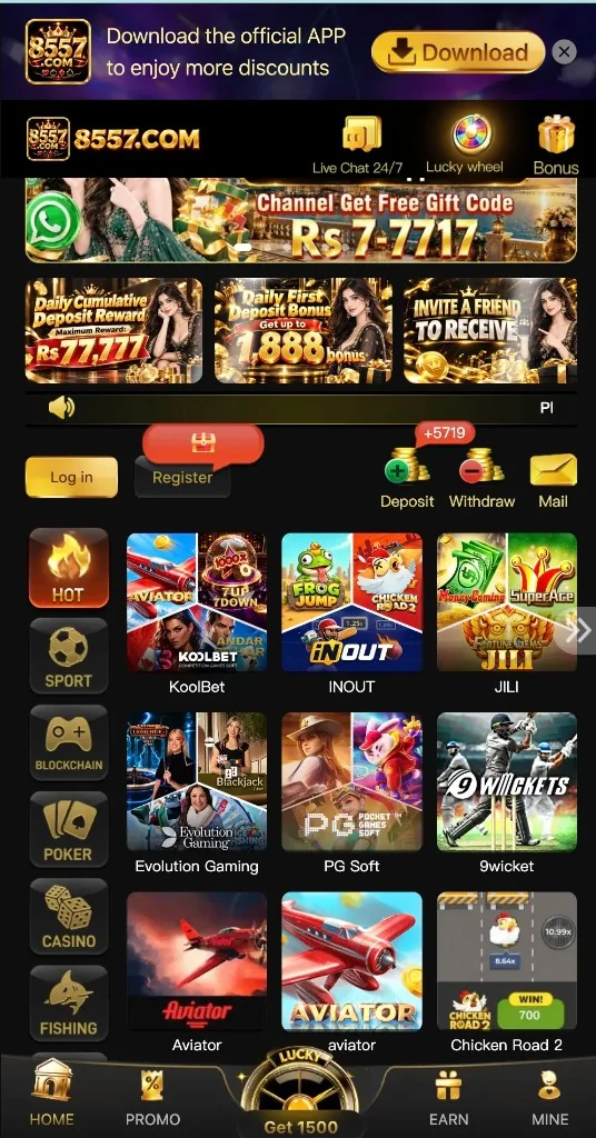 Home with Log in, Register, Deposit, Withdraw, and a game grid