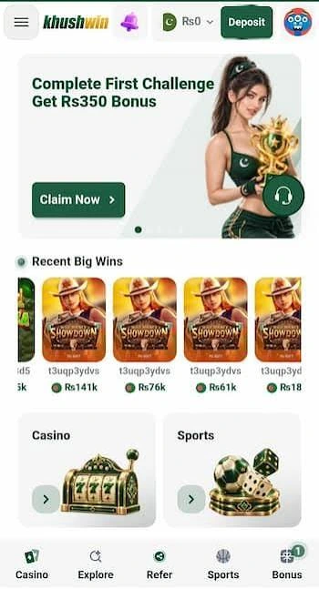 Home screen with Casino and Sports tiles, Deposit in the header, and Bonus on the bottom bar